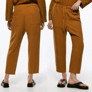 Zara The L.A. Slouchy Fit Linen Blend Trousers Pants Pockets Caramel Brown